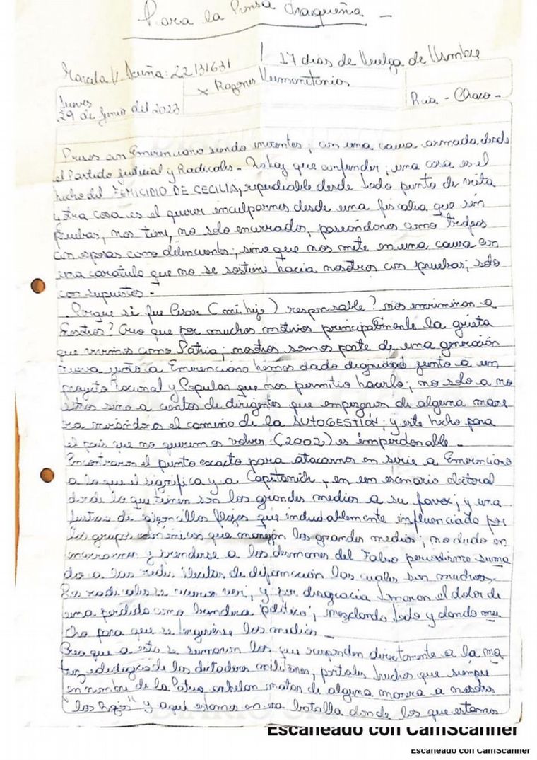 FOTO: La carta de Acuña, en la que apunta contra su hijo y se define como presa política.