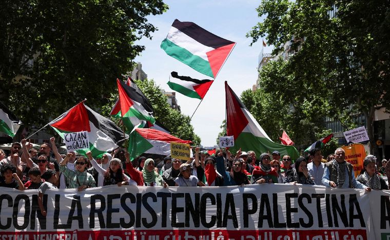 FOTO: Manifestantes con banderas palestinas reclaman el cese del fuego en Gaza. (NA)